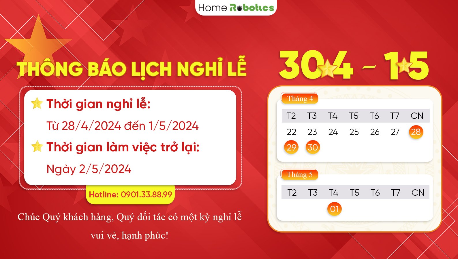 thông báo lịch nghỉ lễ 30 4 và 1 5
